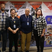 Marcelo Assis, Guilherme Neves, o colaborador da Procergs e volunt&aacute;rio do projeto Nilson Fernandes, e Jana&iacute;na Rolim